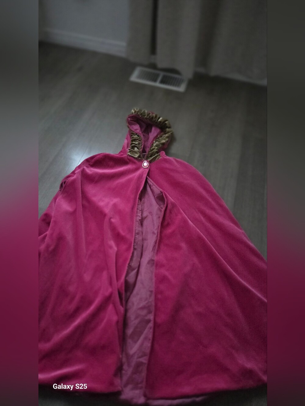 Disney Women's Hooded Velvet Cape in Deep Magenta with Olive Trim